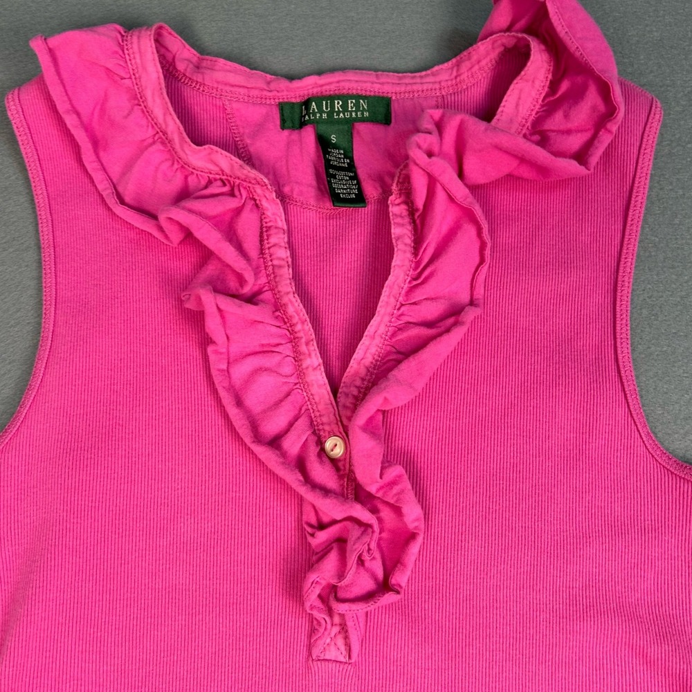Lauren Ralph Lauren Y2K Tank Top Ribbed Ruffle Hot Pink Women's Small Preppy - Picture 3 of 8